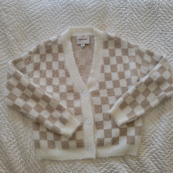 Industry Fuzzy Check Cardigan Cream Beige Soft Girl Cozy S - Picture 3 of 6